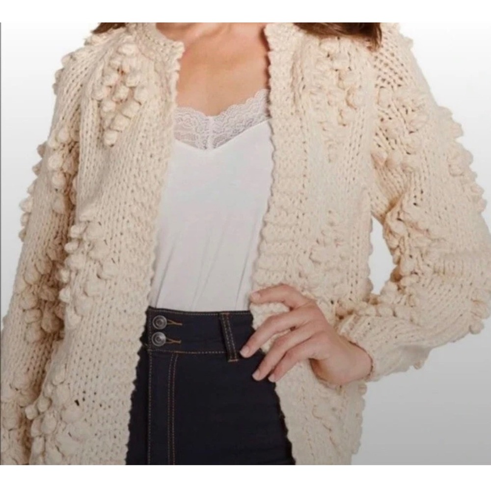 ModCloth Cream Bobble Pom Pom Chunky Knit Cardigan Sweater Womens Large Ivory